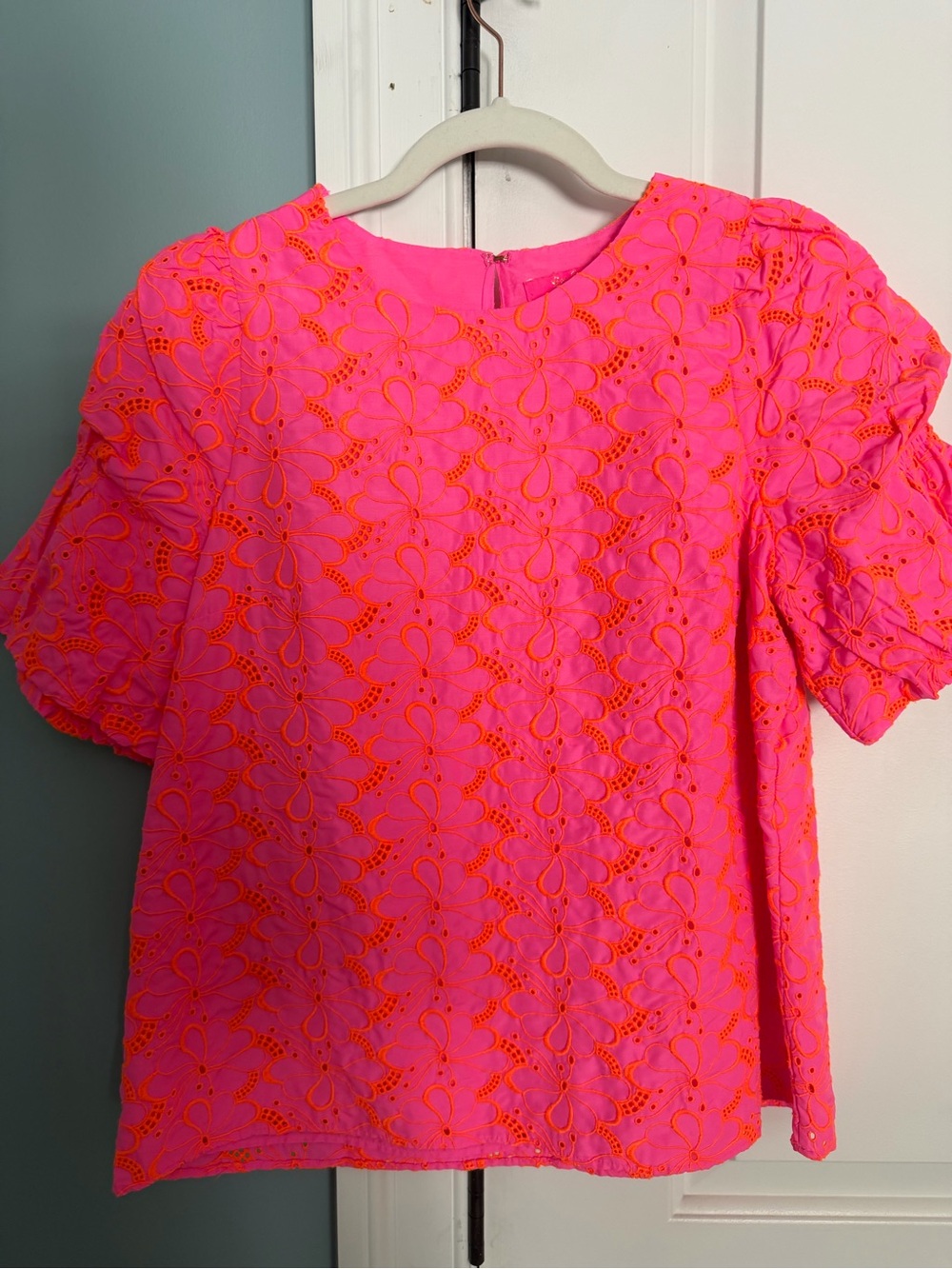 Lilly Pulitzer Neon Pink & Hot Orange Eyelet Floral Short Sleeve Top